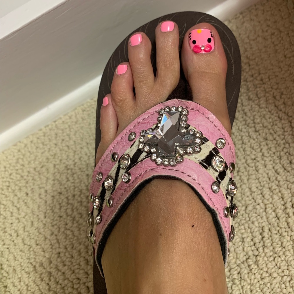 Montana West Cross Pink Zebra Bling Flip Flops